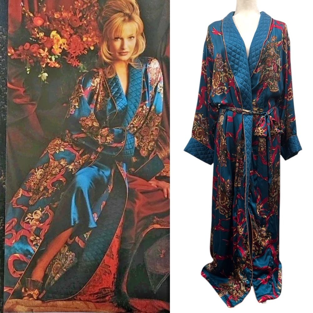 Victoria’s Secret Silk Quilted 90s Teal Luxury Gold Label Maxi Gown Vintage Robe